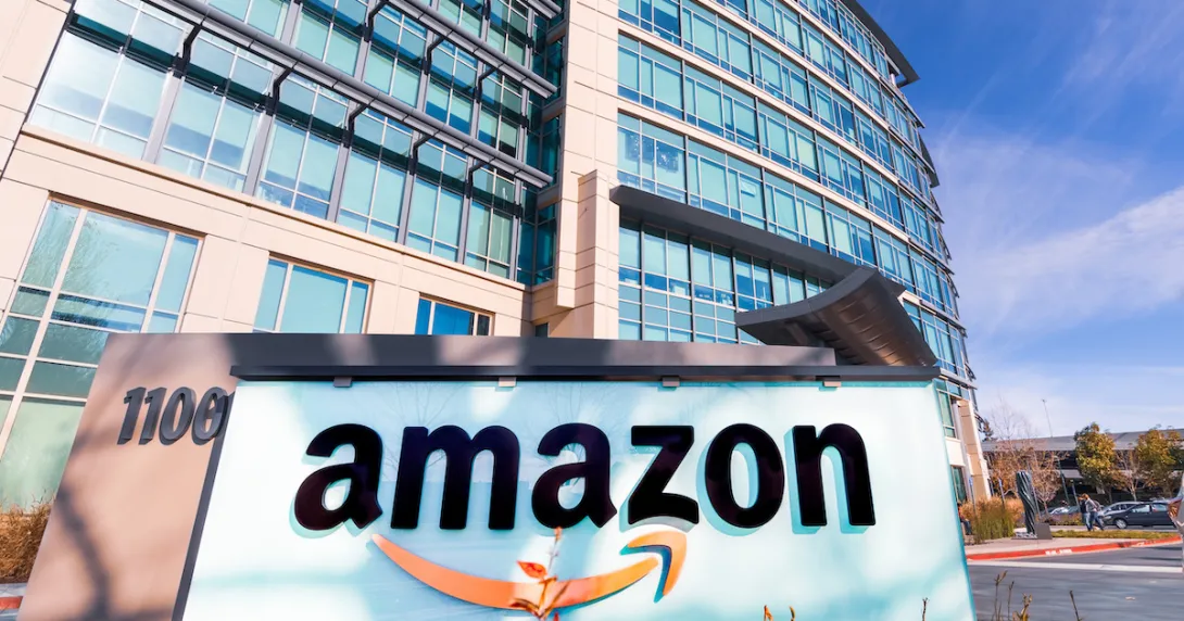 A sign in front of Amazon's headquarters in Silicon Valley