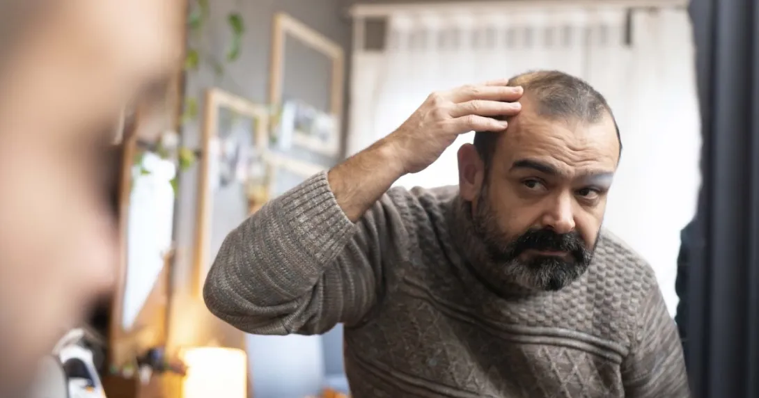 Man examining his hair and scalp Man examining his hair and scalp